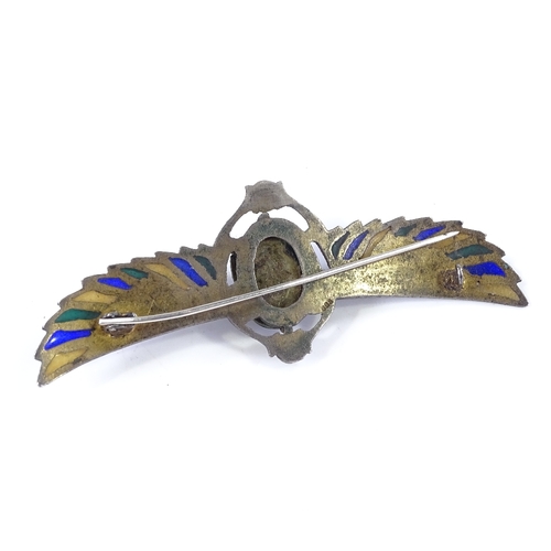 484 - A Continental silver Egyptian revival style winged scarab brooch, with plique a jour enamel panels, ... 