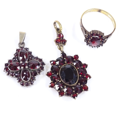 485 - 2 faceted garnet cluster pendants, largest overall length 43.2mm, 7.9g total, together with a gilt-m... 