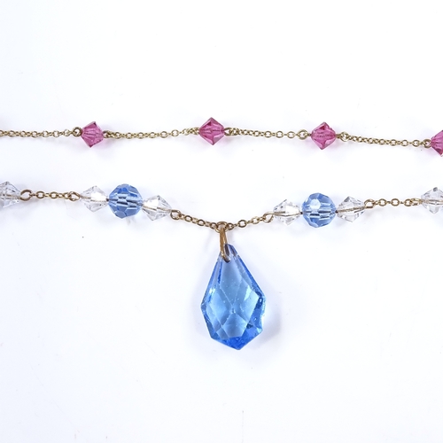 486 - 2 coloured faceted crystal necklaces, on gold chains, largest length 40cm, 8.2g total (2)