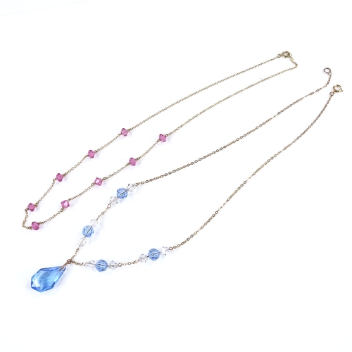 486 - 2 coloured faceted crystal necklaces, on gold chains, largest length 40cm, 8.2g total (2)