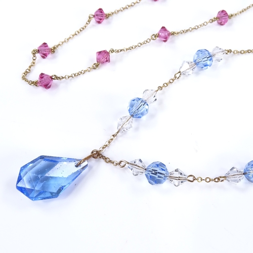 486 - 2 coloured faceted crystal necklaces, on gold chains, largest length 40cm, 8.2g total (2)