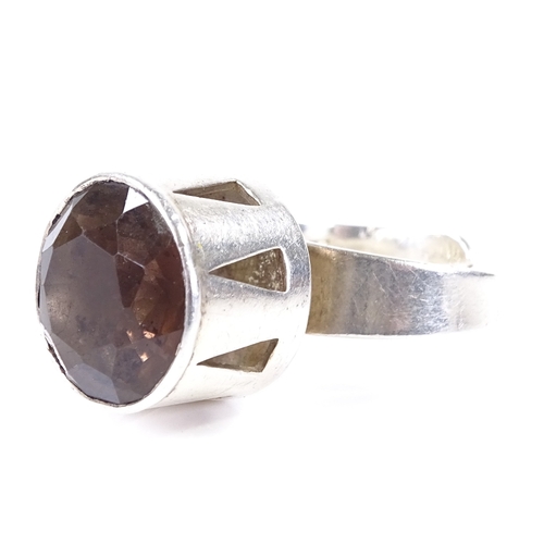 494 - A Swedish silver and smoky quartz ring, by Alton, hallmarks for 1972, setting height 15.8mm, size P,... 