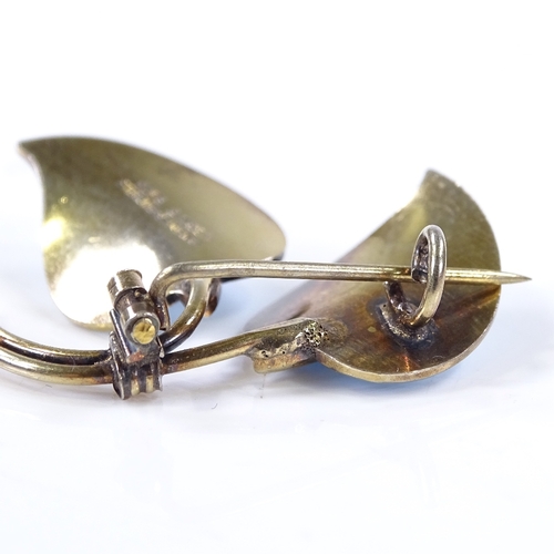 497 - A Norwegian sterling silver gilt and blue enamel leaf brooch, by Hans Myhre of Oslo, length 36.9mm, ... 