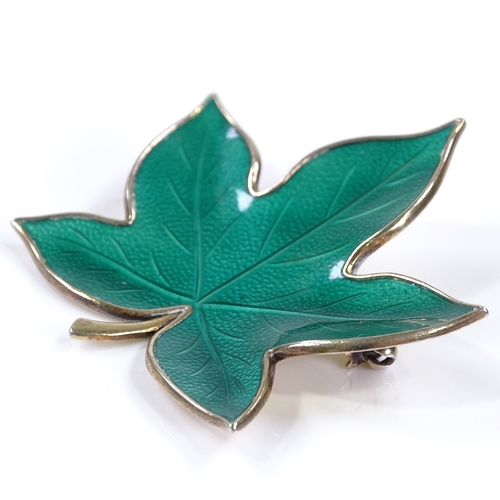 498 - A Danish sterling silver gilt and green enamel leaf brooch, by Brdr Bjerring of Copenhagen, length 4... 