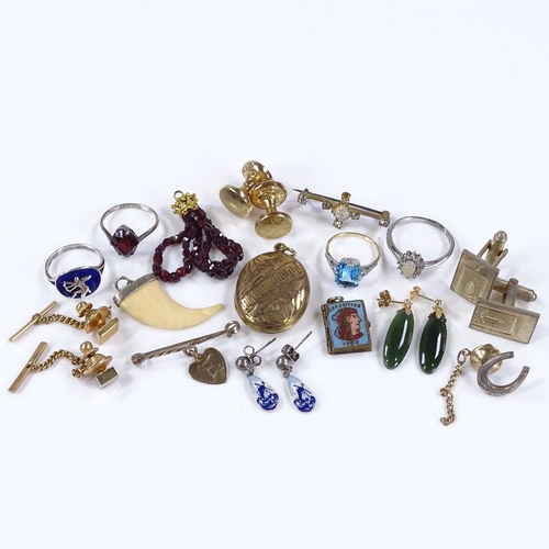 501 - Various jewellery, including silver and blue enamel ring, 9ct gold blue topaz ring etc