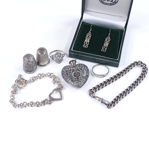 506 - Various silver jewellery, including heart-shaped scent bottle, curb link bracelet etc