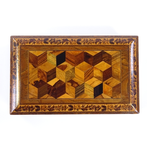 1 - A Victorian Tunbridge Ware box, with cube parquetry inlaid lid in floral micro-mosaic surround, conc... 