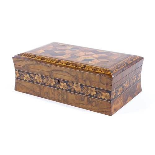 1 - A Victorian Tunbridge Ware box, with cube parquetry inlaid lid in floral micro-mosaic surround, conc... 