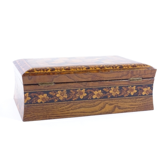 1 - A Victorian Tunbridge Ware box, with cube parquetry inlaid lid in floral micro-mosaic surround, conc... 