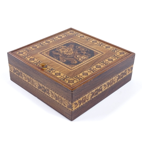 2 - A Victorian Tunbridge Ware box, floral micro-mosaic hinged lid in parquetry surround, width 15cm