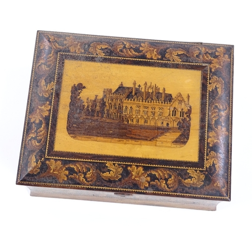 3 - A Victorian Tunbridge Ware box, micro-mosaic lid depicting Battle Abbey Cloisters in leaf decorated ... 