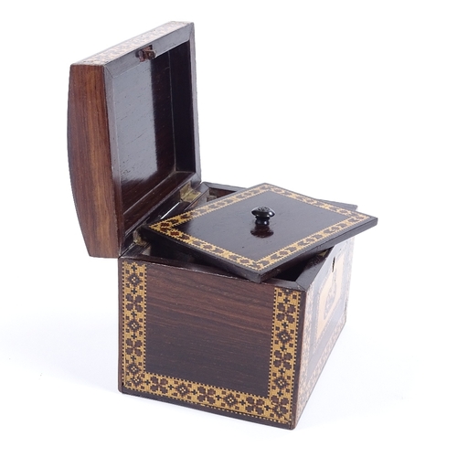 4 - A Victorian Tunbridge Ware dome-top tea caddy, inlaid micro-mosaic bands with Spaniel design to the ... 