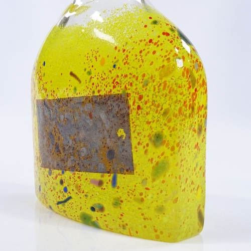 45 - Bertil Vallien for Kosta Boda Sweden, a satellite chrome yellow bottle vase with silver foil decorat... 