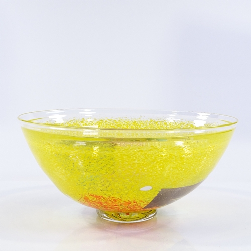 46 - Bertil Vallien for Kosta Boda Sweden, a satellite chrome yellow bowl with silver foil decoration, si... 