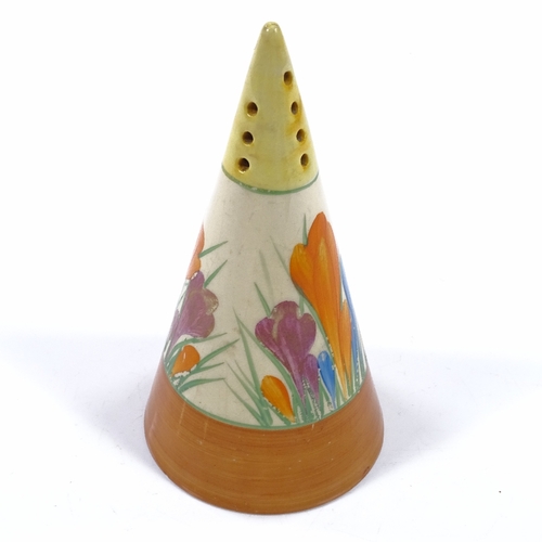 51 - A Clarice Cliff Bizarre Crocus pattern conical sugar shaker, height 14cm