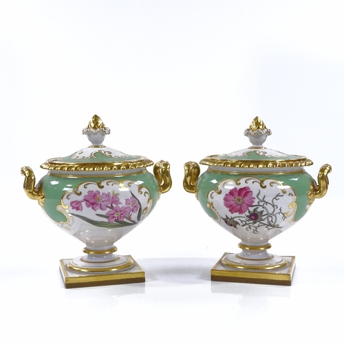 52 - A pair of Flight Barr and Barr Worcester tureens and covers, circa 1820, hand painted botanical stud... 