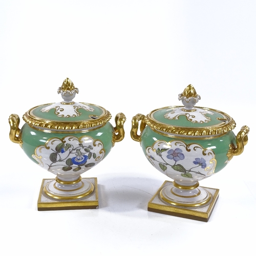 52 - A pair of Flight Barr and Barr Worcester tureens and covers, circa 1820, hand painted botanical stud... 