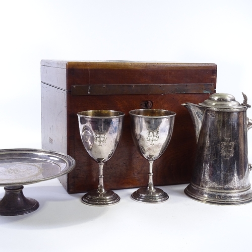 60 - A Victorian electroplate Communion set, comprising a large lidded flagon, 2 chalices and a tazza, al... 