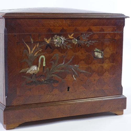 7 - A 19th century French walnut drinks cabinet, inlaid mother-of-pearl and metal swan and exotic bird i... 