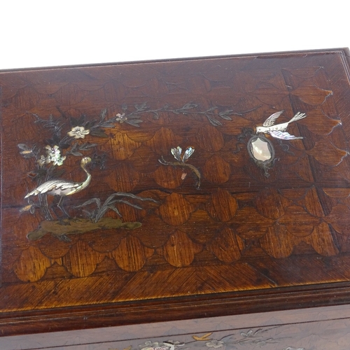 7 - A 19th century French walnut drinks cabinet, inlaid mother-of-pearl and metal swan and exotic bird i... 