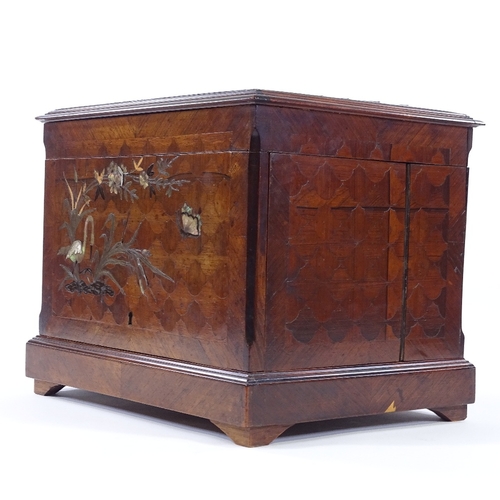 7 - A 19th century French walnut drinks cabinet, inlaid mother-of-pearl and metal swan and exotic bird i... 