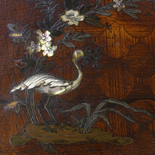 7 - A 19th century French walnut drinks cabinet, inlaid mother-of-pearl and metal swan and exotic bird i... 