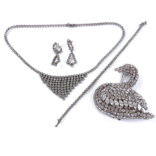 822 - A suite of Art Deco silver and stone set jewellery, comprising tassel necklace, line bracelet and pa... 