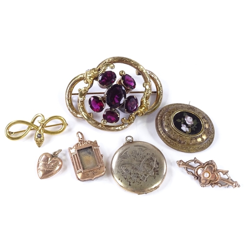 824 - Various Victorian and later jewellery, including pietra dura brooch, snake brooch etc (7)