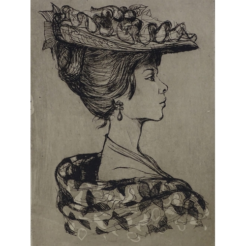 1381 - Etching/aquatint, portrait of a woman in profile, indistinctly signed in pencil, 11.5