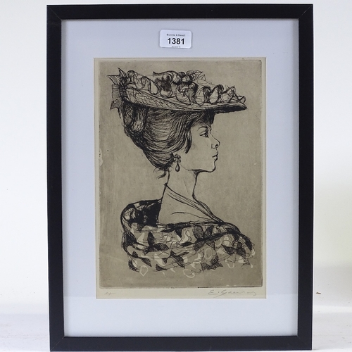 1381 - Etching/aquatint, portrait of a woman in profile, indistinctly signed in pencil, 11.5