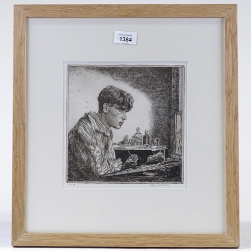 1384 - Edgar Holloway, engraving, self portrait, signed in pencil, no. 24/50, plate size 8