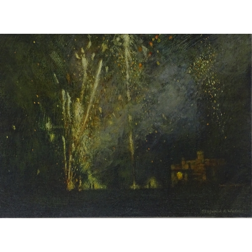 1387 - Benjamin Warner, oil on board, fireworks over Falmouth, signed, 7.5