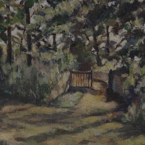 1392 - Mid-20th century oil on board, garden gate, original indistinct label verso, 14