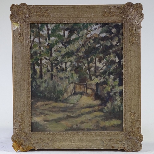 1392 - Mid-20th century oil on board, garden gate, original indistinct label verso, 14