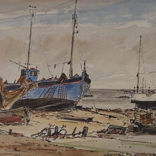 1393 - Max Brimmel, watercolour, beached fishing boats, 1964, signed, 10