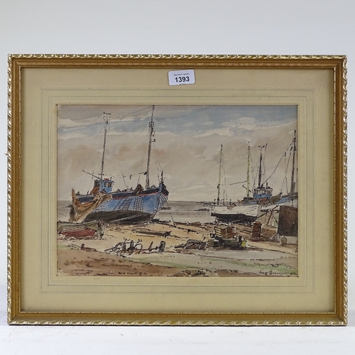 1393 - Max Brimmel, watercolour, beached fishing boats, 1964, signed, 10