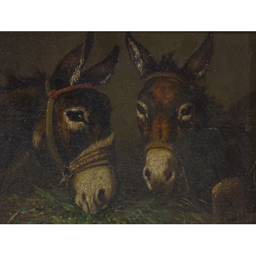 1399 - 19th century oil on board, 2 donkeys, unsigned, 6