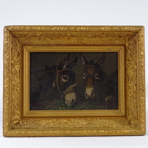 1399 - 19th century oil on board, 2 donkeys, unsigned, 6