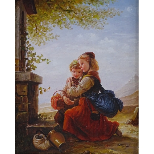 1400 - Oil on board, 2 children at a fountain, unsigned, 10