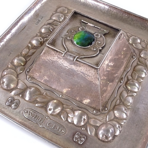 831 - NEWLYN - a rare George V silver and enamel square inkwell desk stand, with central Ruskin panel, sty... 