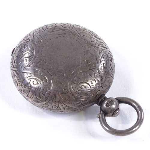 834 - A Victorian circular silver sovereign case, with allover engraved foliate decoration, by Cornelius D... 