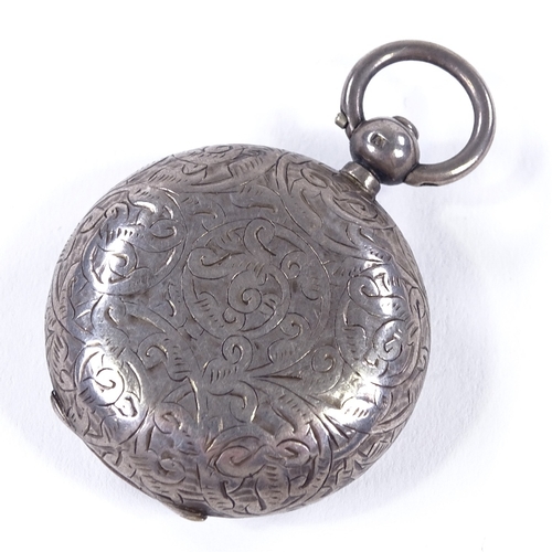 834 - A Victorian circular silver sovereign case, with allover engraved foliate decoration, by Cornelius D... 