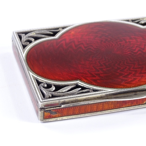 835 - A Continental unmarked silver-gilt and red guilloche enamel card case, with zig-zag engine turned de... 