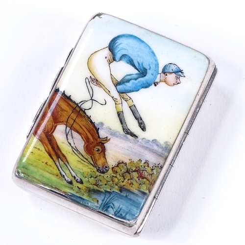 844 - A late Victorian novelty silver and enamel horse racing Vesta case, with comical lid depicting horse... 