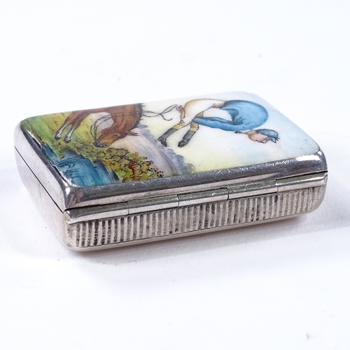 844 - A late Victorian novelty silver and enamel horse racing Vesta case, with comical lid depicting horse... 