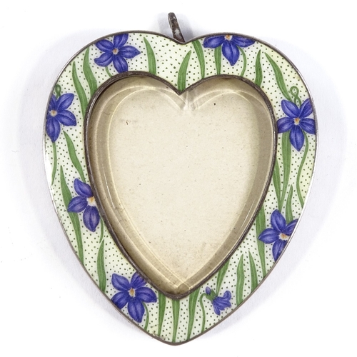 103 - An Austrian silver and floral enamel heart-shaped photo frame, dated 1901, height 7cm