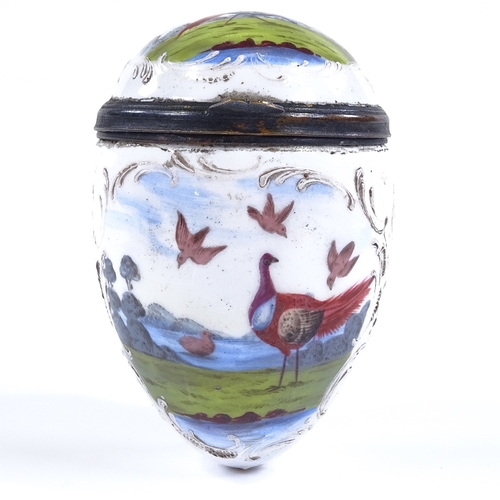 104 - An 18th century enamel egg-shaped box with hand painted exotic bird designs, height 7cm