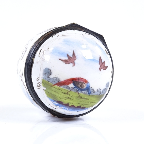 104 - An 18th century enamel egg-shaped box with hand painted exotic bird designs, height 7cm