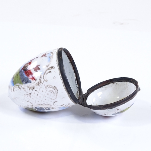 104 - An 18th century enamel egg-shaped box with hand painted exotic bird designs, height 7cm