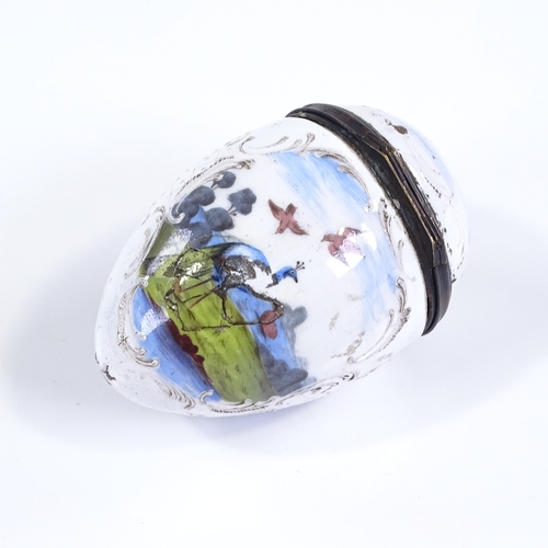 104 - An 18th century enamel egg-shaped box with hand painted exotic bird designs, height 7cm